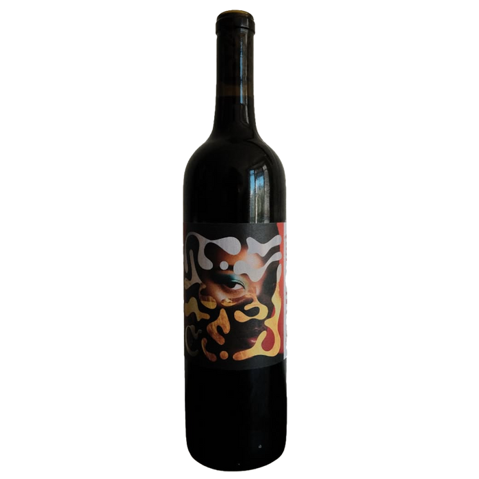 Wine bottle with dark glass and colorful abstract face label