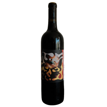 Wine bottle with dark glass and colorful abstract face label