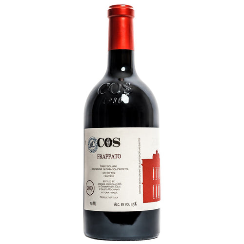 COS Frappato wine bottle with red foil neck and white label