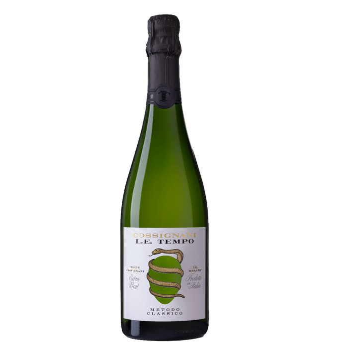 Cossignani Le Tempo Pecorino sparkling wine bottle, green glass and black foil top