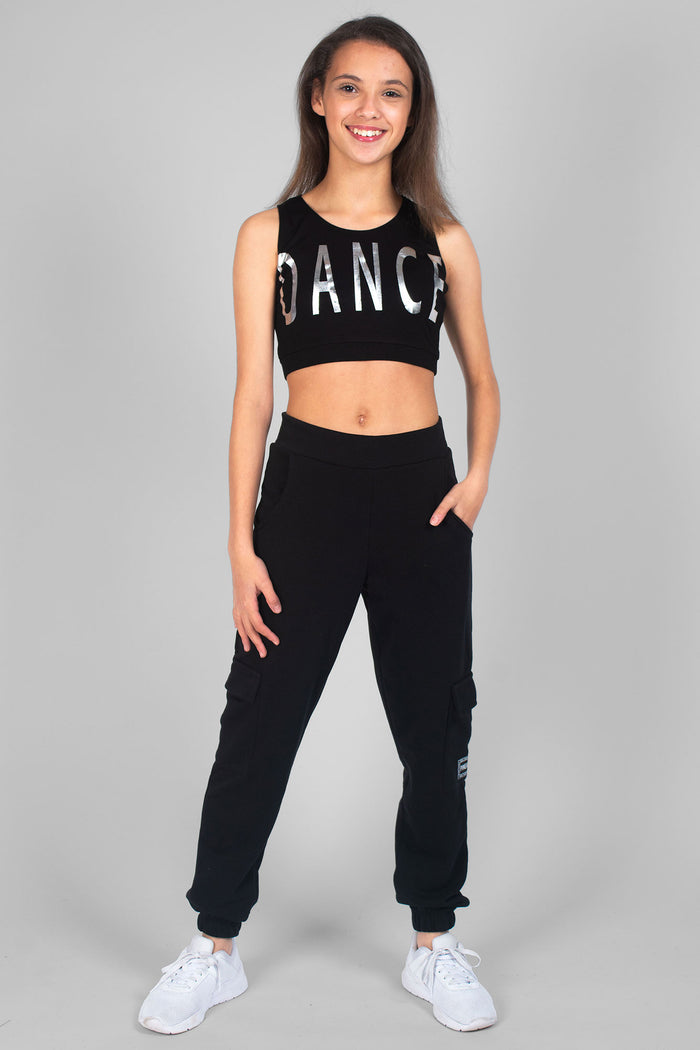 Girl wearing black Crop Dance Vest and black Cargo Joggers