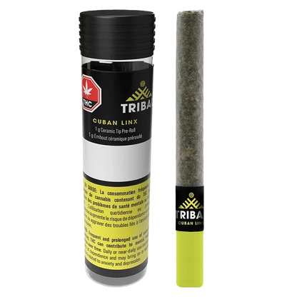 Front view of a cylindrical tube and a single pre-roll with a yellow ceramic tip, both labeled "Cuban Linx Ceramic Tip PR 1 x 1 g."