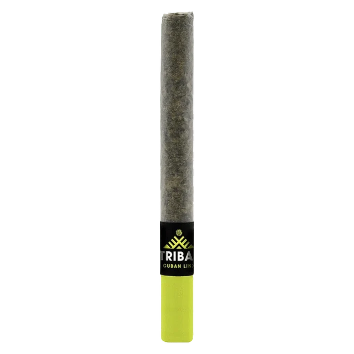 Centered vertical view of the Cuban Linx Ceramic Tip PR 1 x 1 g pre-roll with its black-and-green band and neon green ceramic tip against a white background