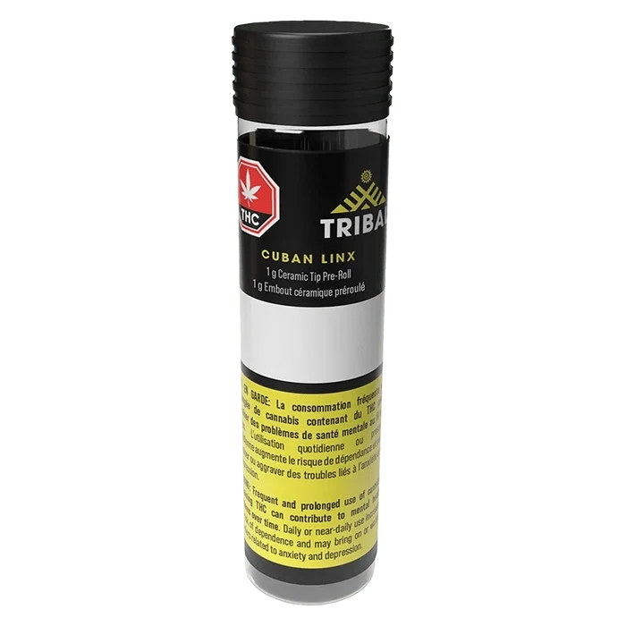 Tall front view of the Tribal Cuban Linx Ceramic Tip PR 1 x 1 g tube with black cap and yellow warning label.