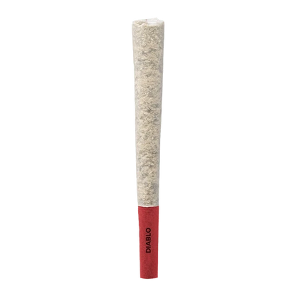 Centered vertical view of a single Diablo PR 1 x 1 g pre-roll with a textured beige paper body and a red filter tip labeled "DIABLO".