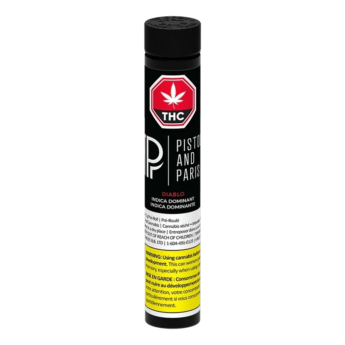 Vertical studio shot of the black Diablo PR 1 x 1 g tube with white and red Pistol and Paris branding and a yellow warning panel.