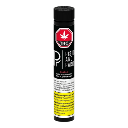 Vertical studio shot of the black Diablo PR 1 x 1 g tube with white and red Pistol and Paris branding and a yellow warning panel.