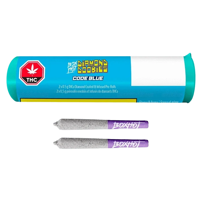 A front-facing shot of the turquoise tube and two diamond-coated pre-rolls labeled Diamond Doobies - Code Blue Infused PR 2 x 0.5 g, shown on a white background.