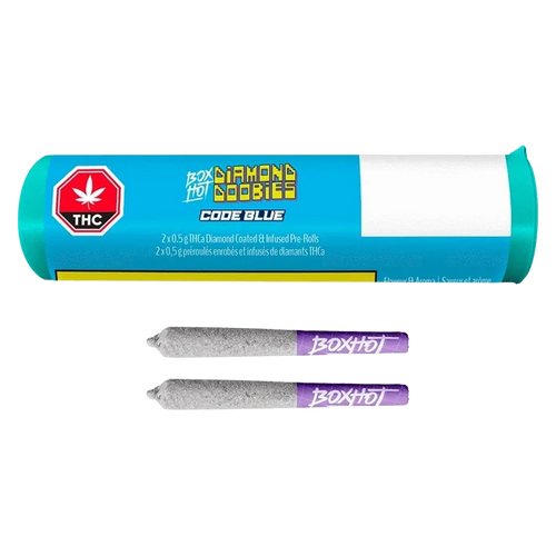 A front-facing shot of the turquoise tube and two diamond-coated pre-rolls labeled Diamond Doobies - Code Blue Infused PR 2 x 0.5 g, shown on a white background.