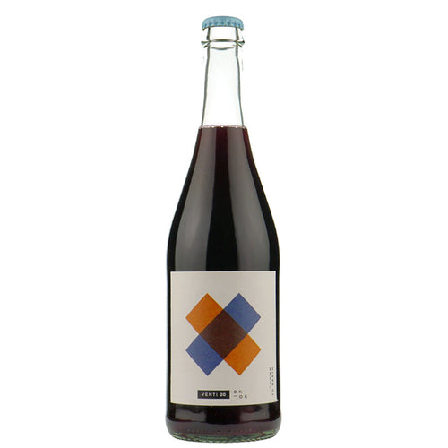 Wine bottle with dark red glass, blue foil cap, diamond-pattern label in blue and orange