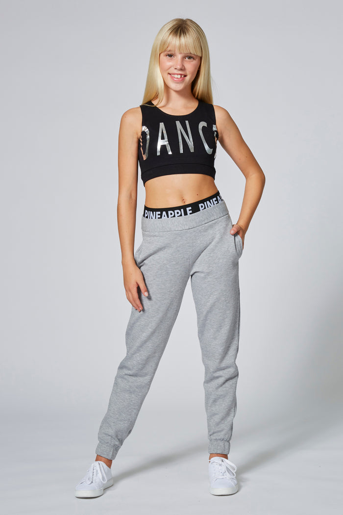 Girl wearing Double Grey Track Pants