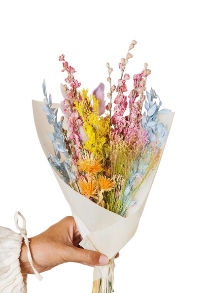 Bouquet of colorful dried flowers held by a person against a neutral background