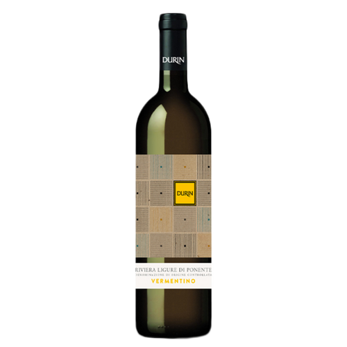 Durin Vermentino 2022 wine bottle with yellow label and black neck foil
