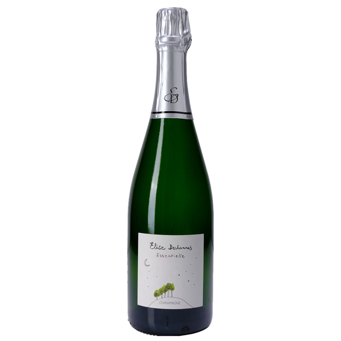 Elise Deschannes Extra Brut champagne bottle, green glass with foil top and label