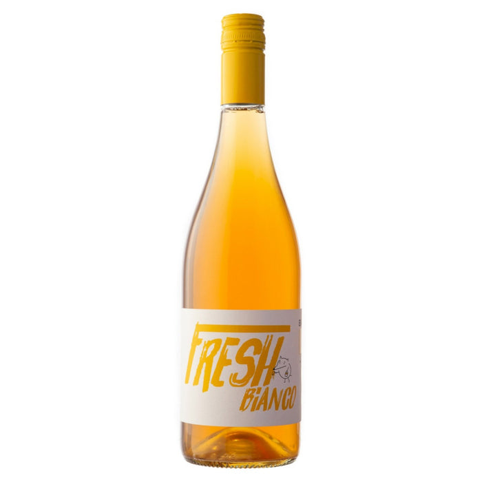 Fresh Bianco wine bottle with yellow cap and amber white wine label