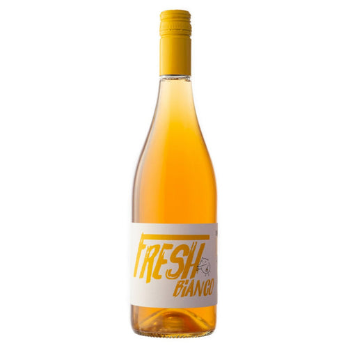 Fresh Bianco wine bottle with yellow cap and amber white wine label
