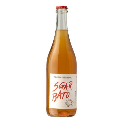Emilia Pennac Sgarbato white sparkling wine bottle, amber liquid, red cap