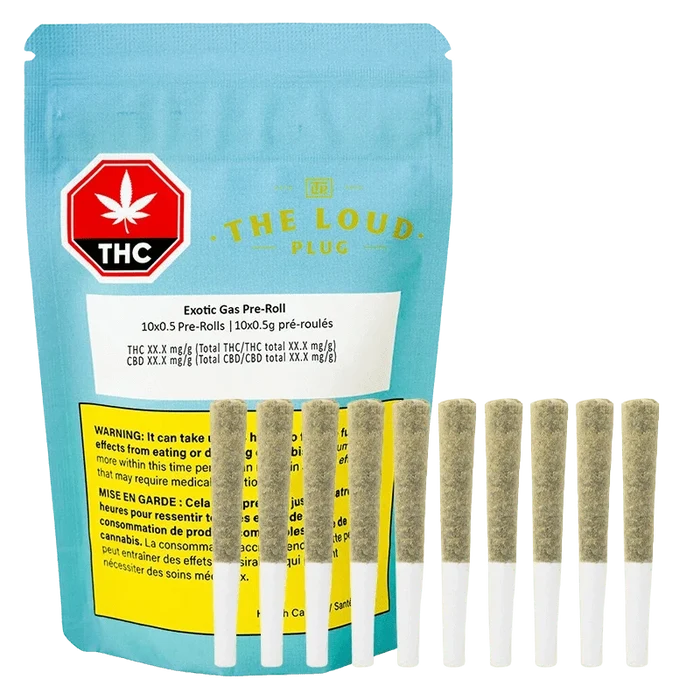 Front-facing shot of a teal pouch and ten upright pre-rolls labeled Exotic Gas PR 10 x 0.5 g, with a red THC symbol and yellow warning box.