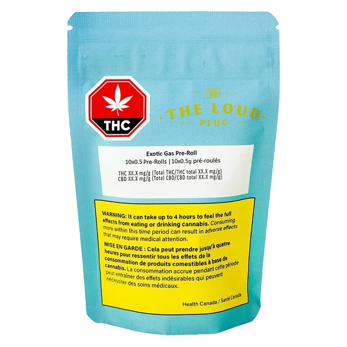 Rear view of a blue pouch labeled Exotic Gas PR 10 x 0.5 g with THC symbol and yellow warning panel centered on the bag