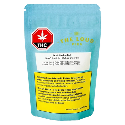 Rear view of a blue pouch labeled Exotic Gas PR 10 x 0.5 g with THC symbol and yellow warning panel centered on the bag