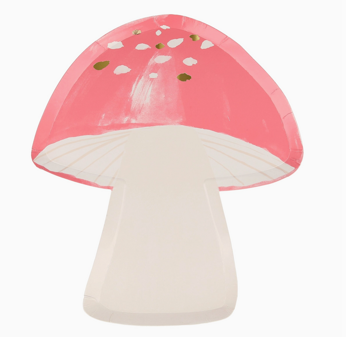 Mushroom-shaped lamp with pink cap and white base on a white background