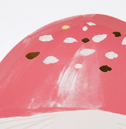 Artistic depiction of a pink mushroom with white spots and brown spots on a white background