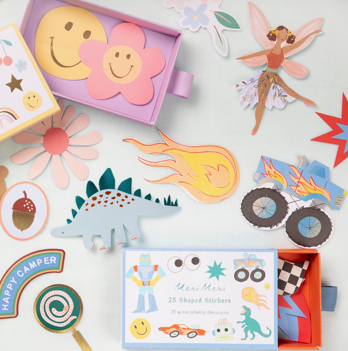 Collection of colorful shaped stickers on a white background
