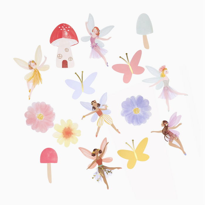 Set of colorful fairy stickers with flowers and a mushroom on a white background