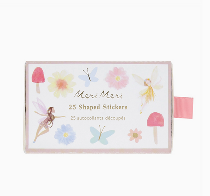 Pack of Meri Meri shaped stickers with fairy and floral designs on a white background