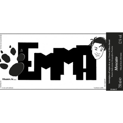 White wine label with large "EMMA!" text and woman illustration