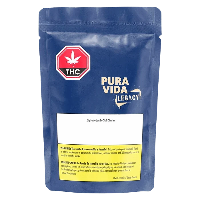 Front-facing view of a blue resealable pouch labeled Fatso Jumbo Slab Shatter with Pura Vida Legacy branding and a THC warning panel.