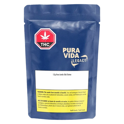 Front-facing view of a blue resealable pouch labeled Fatso Jumbo Slab Shatter with Pura Vida Legacy branding and a THC warning panel.