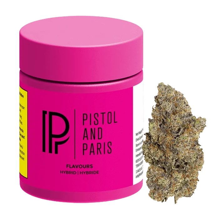 Front-facing shot of a bright pink jar and a single frosty bud labeled Flavours - Cali Cake Smasher by Pistol and Paris.