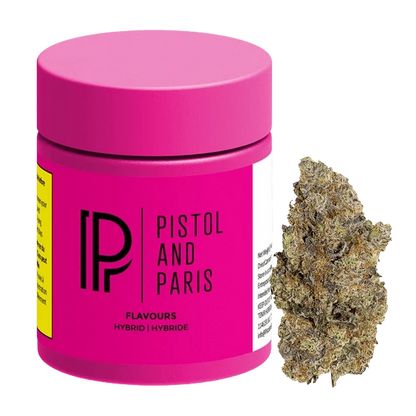 Front-facing shot of a bright pink jar and a single frosty bud labeled Flavours - Cali Cake Smasher by Pistol and Paris.