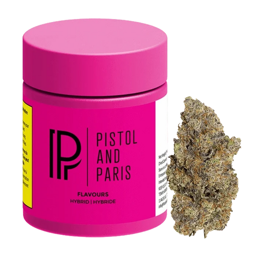 Front-facing shot of a bright pink jar and a single frosty bud labeled Flavours - Cali Cake Smasher by Pistol and Paris.