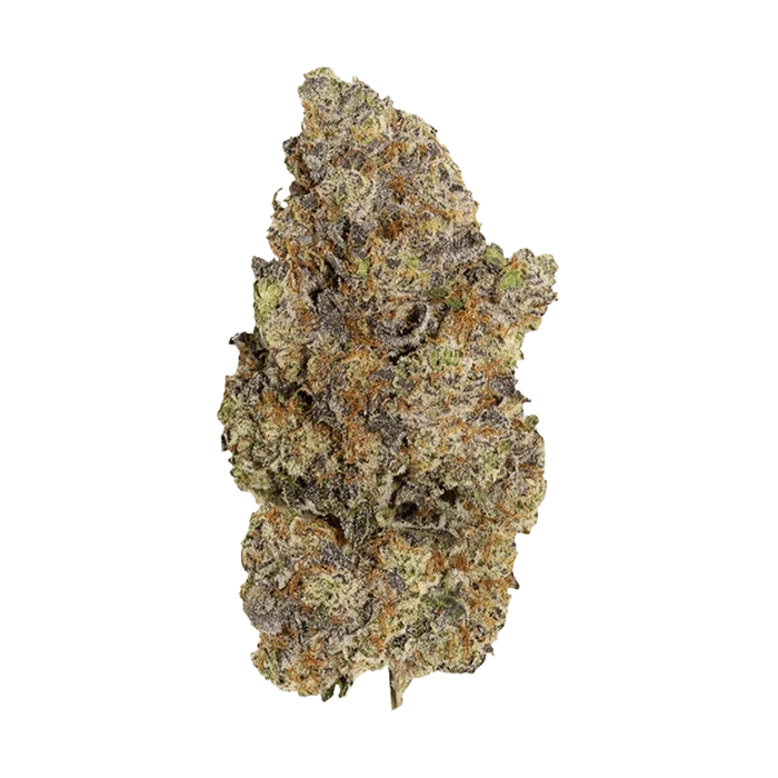 Top-down close-up of a single frosty, green-and-purple bud of Flavours - Cali Cake Smasher on a plain background.