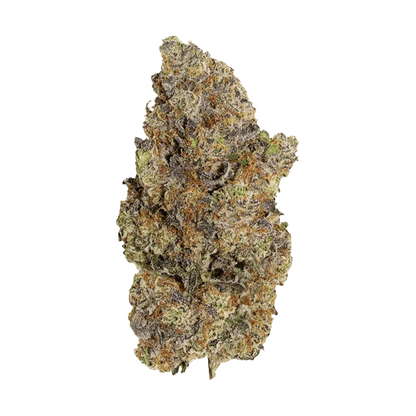 Top-down close-up of a single frosty, green-and-purple bud of Flavours - Cali Cake Smasher on a plain background.
