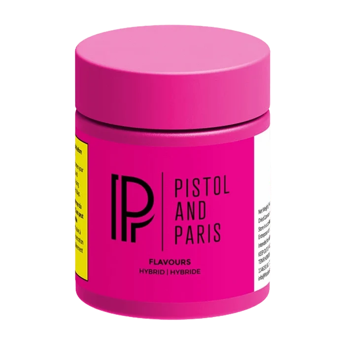 Front-facing view of the bright pink Flavours - Cali Cake Smasher jar with bold "Pistol and Paris" logo centered on the label.