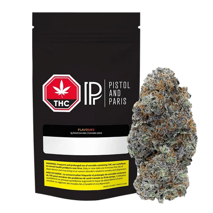Front-facing black pouch and a dense frosted bud to its right, showing the 7 g Flavours Pistol and Paris packaging and cannabis.