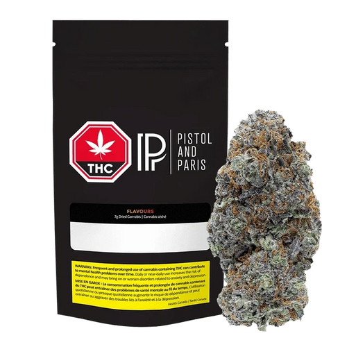Front-facing black pouch and a dense frosted bud to its right, showing the 7 g Flavours Pistol and Paris packaging and cannabis.