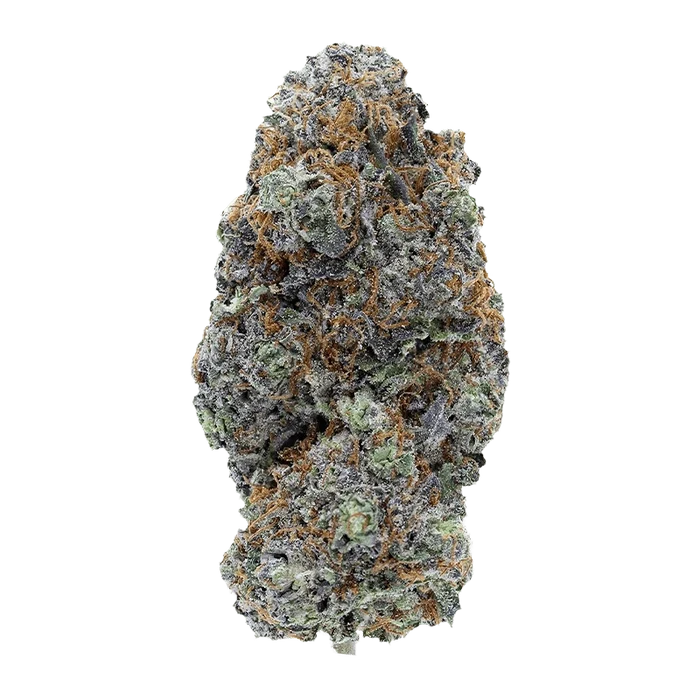 Close-up, top-down view of a frosty, purple-green Flavours cannabis bud with orange pistils and dense trichomes.
