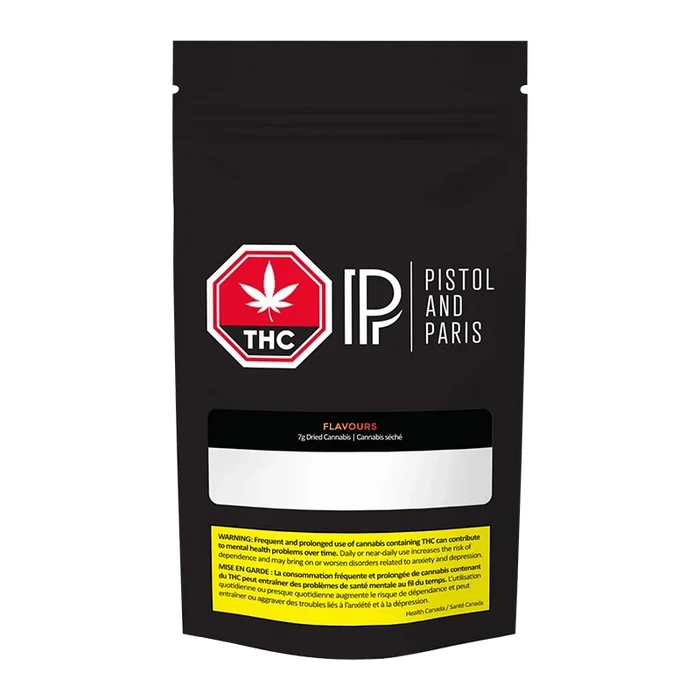 Front-facing pouch shot of the black "Flavours" package showing a red THC octagon and white Pistol and Paris logo on the upper half.