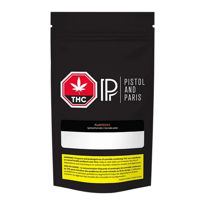 Front-facing pouch shot of the black "Flavours" package showing a red THC octagon and white Pistol and Paris logo on the upper half.