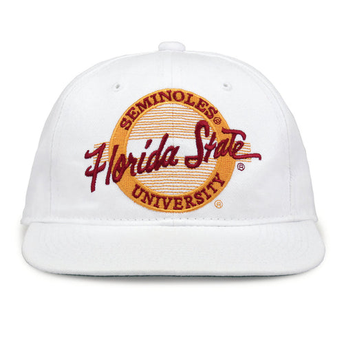 Florida State Retro Circle snapback hat in white, front view