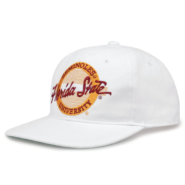 Florida State Retro Circle snapback hat in white, angled view