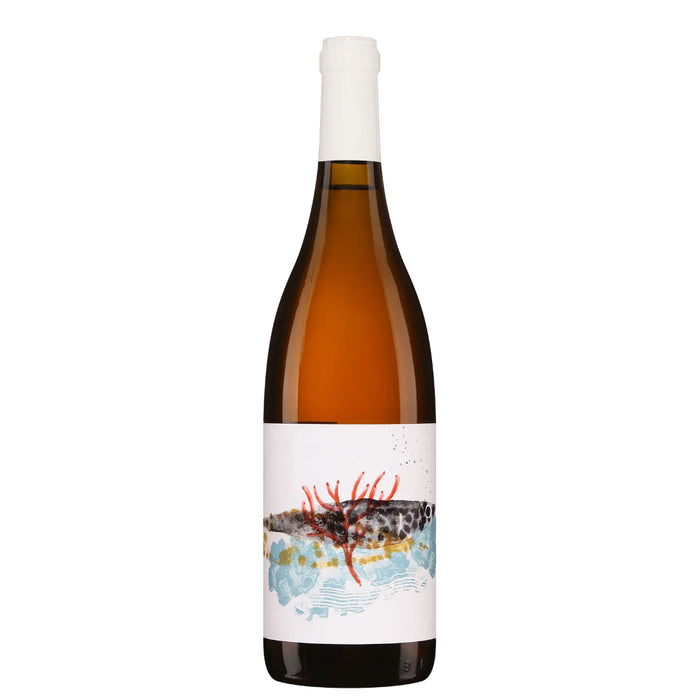 Formiche Ansonica wine bottle, amber glass with label featuring abstract coastal scene
