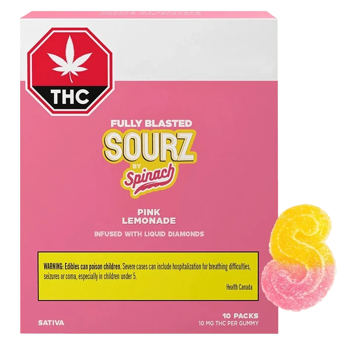 Front-facing box shot of Fully Blasted Pink Lemonade Gummies 10 Pack with a pink background, THC label and two sugar-coated pink and yellow gummies at the lower right.