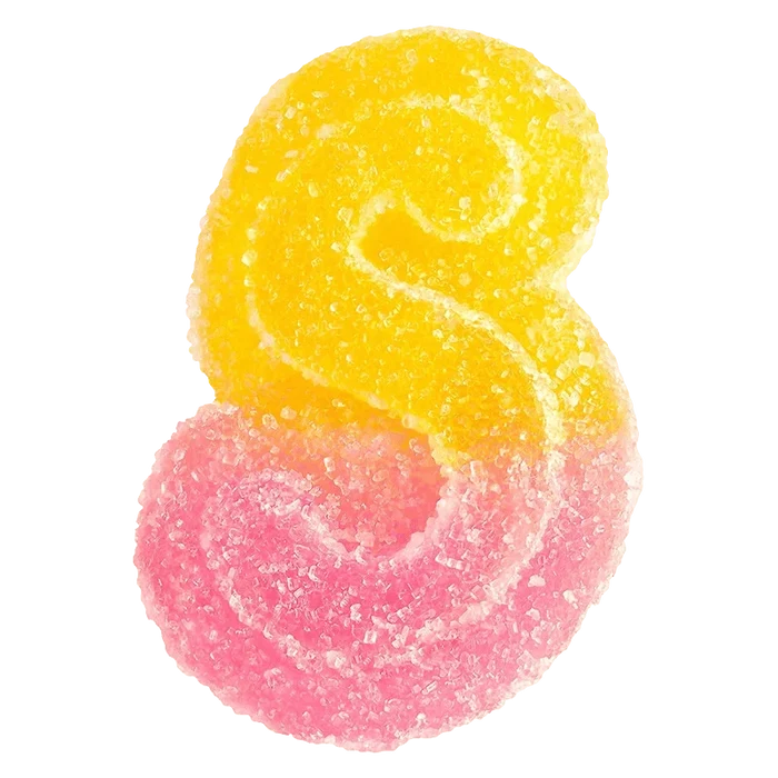 Close-up of a sugar-coated, two-tone pink and yellow gummy in an S-shape labeled Fully Blasted Pink Lemonade Gummies.