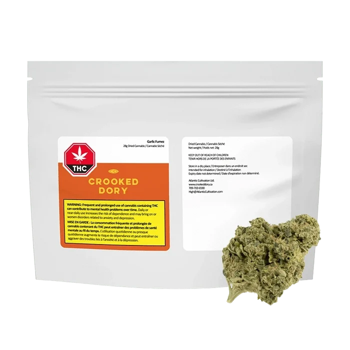 Front-facing shot of a white resealable pouch labeled "Garlic Fumez" with an orange Crooked Dory panel and a cannabis bud positioned at the lower right.