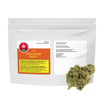 Front-facing shot of a white resealable pouch labeled "Garlic Fumez" with an orange Crooked Dory panel and a cannabis bud positioned at the lower right.